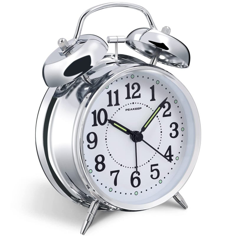 Peakeep 4 inches Twin Bell Loud Alarm Clock for Heavy Sleepers (Chrome Finish) - Image 1